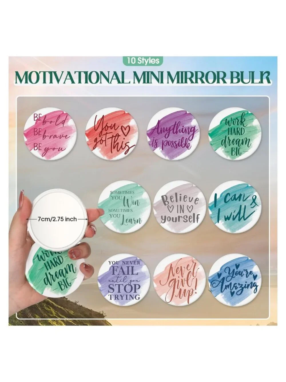 10 Canvas Makeup Bags & 10 Compact Mirrors Set Motivational Travel Pouch Gift